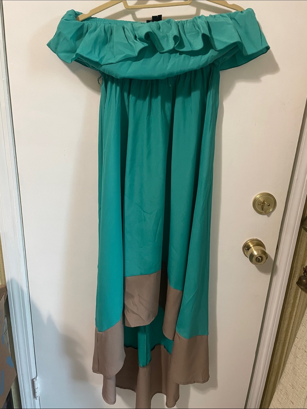 Sequin Hearts Teal and Taupe Off-Shoulder High-Low Maxi Dress
